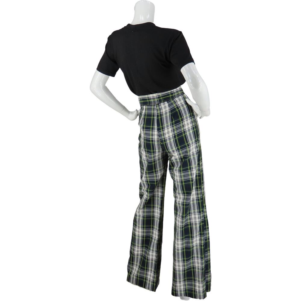 Vintage Bell Bottom Flare Rock Grunge Punk High Waisted Disco Green Plaid Pants - Picture 4 of 10